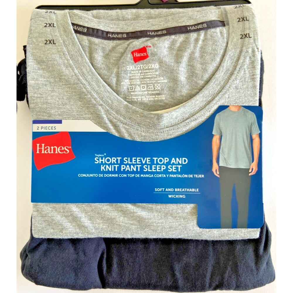 Hanes Mens Short Sleeve Top and Knit Pant Sleep Set 2XL Grey Black New